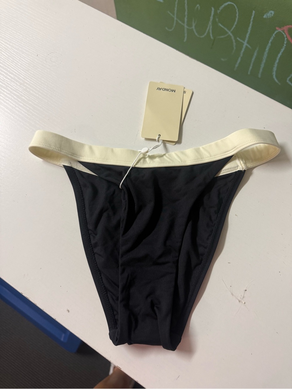 Monday Swimwear Black Bikini Bottom with Cream Waistband